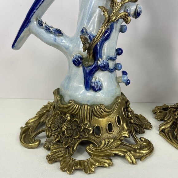 Pair of Vtg Porcelain & Brass ? Ormolu 14” Candlestick Holders Blue Bird Parrot - Picture 3 of 15